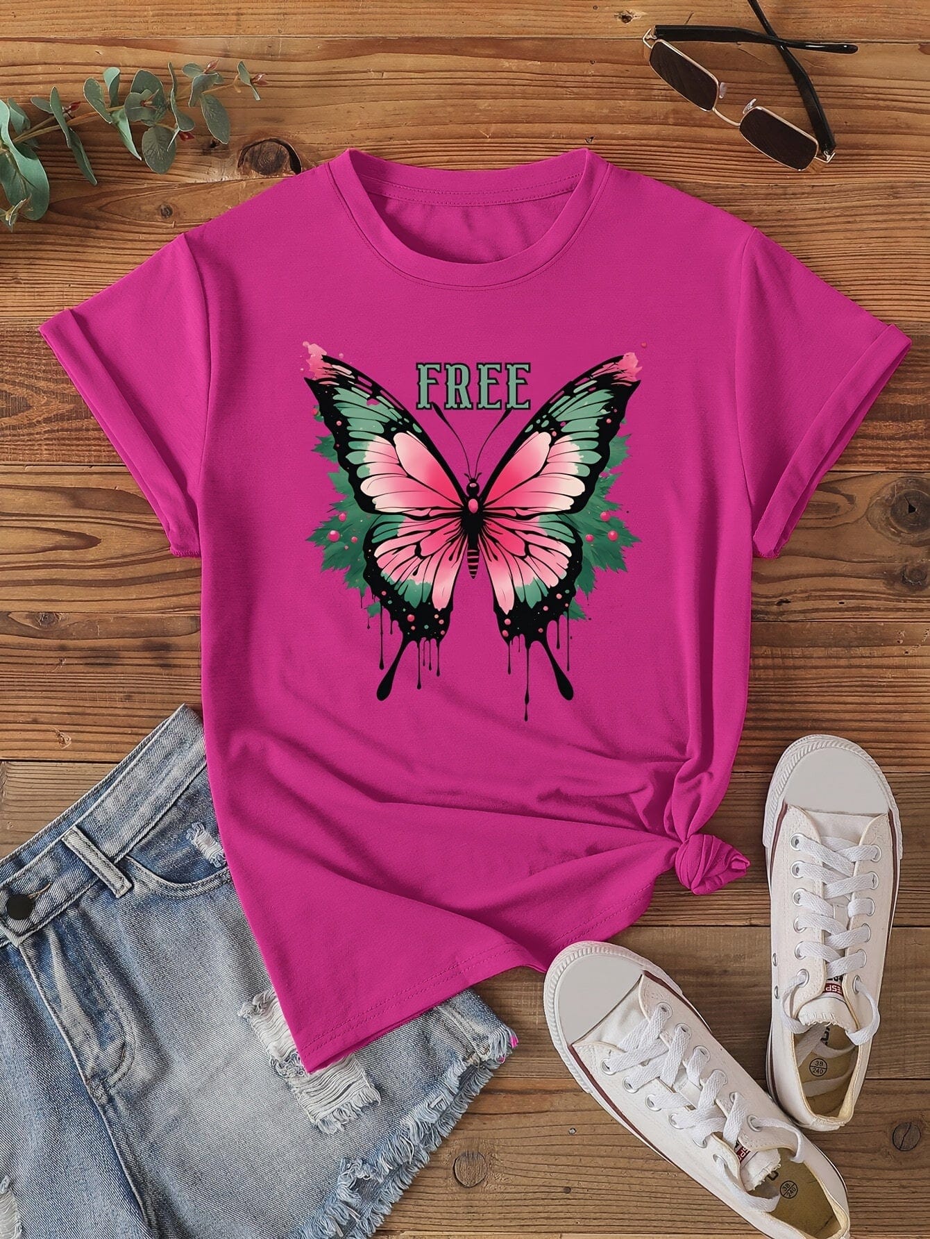 Butterfly & Free Letter Pattern Tee, Stylish Crew Neck Top for Women, Spring & Summer Fashion