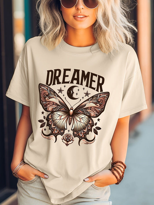 Butterfly & Moon Print Crew Neck T-shirt for Women, Short Sleeve Casual Top for Spring & Summer
