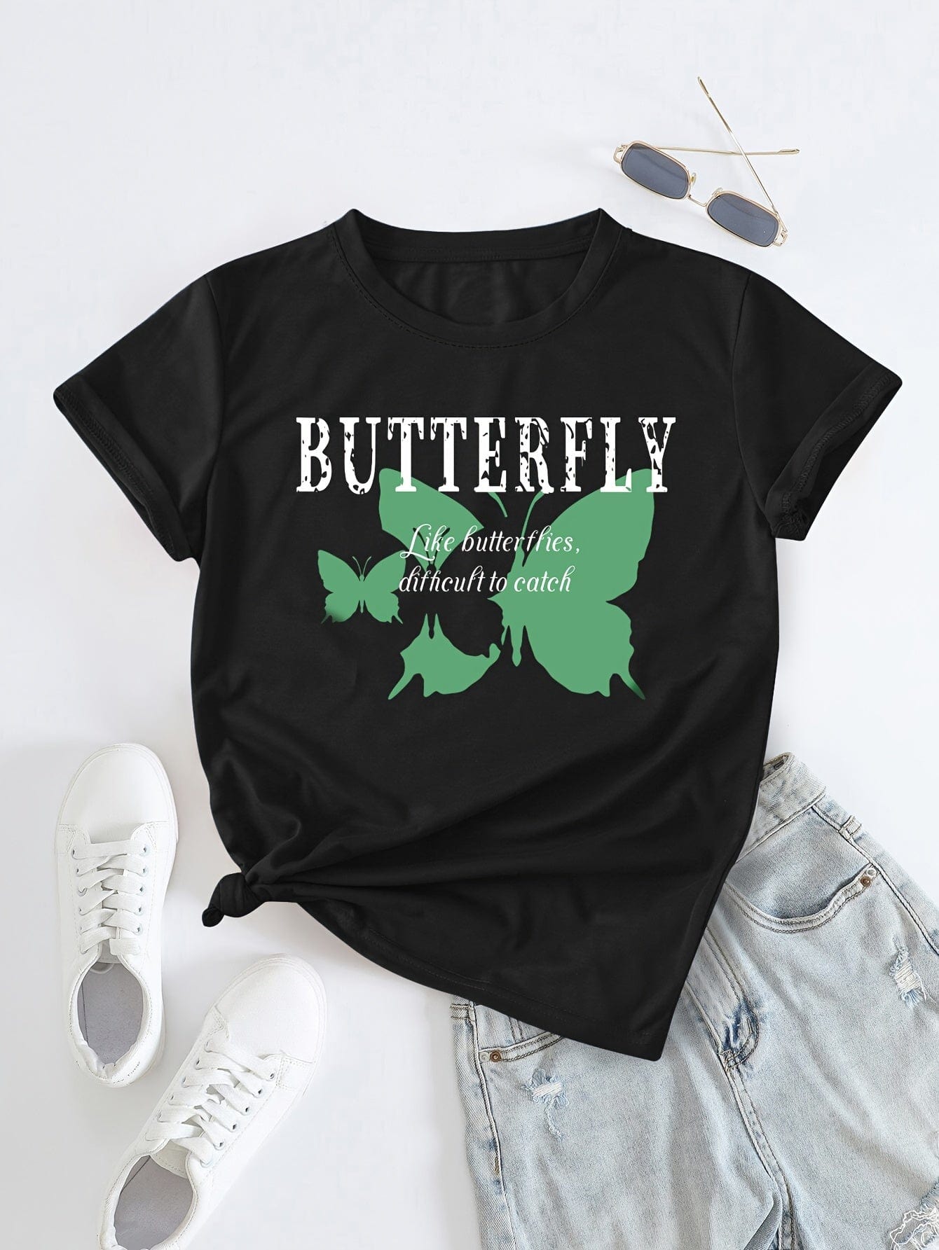 Butterfly Print Crew Neck T-shirt for Women - Spring & Summer Style Upgrade