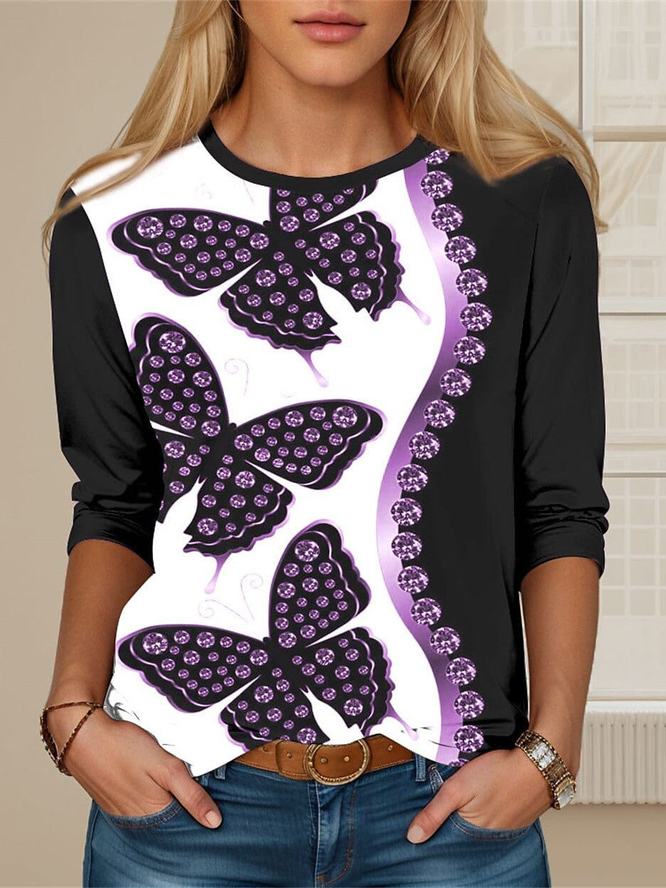 Butterfly Print Women's Long Sleeve T-shirt - Black Pink Purple