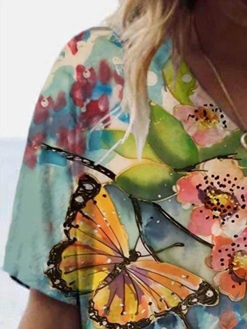 Butterfly Printed V-neck T-shirt