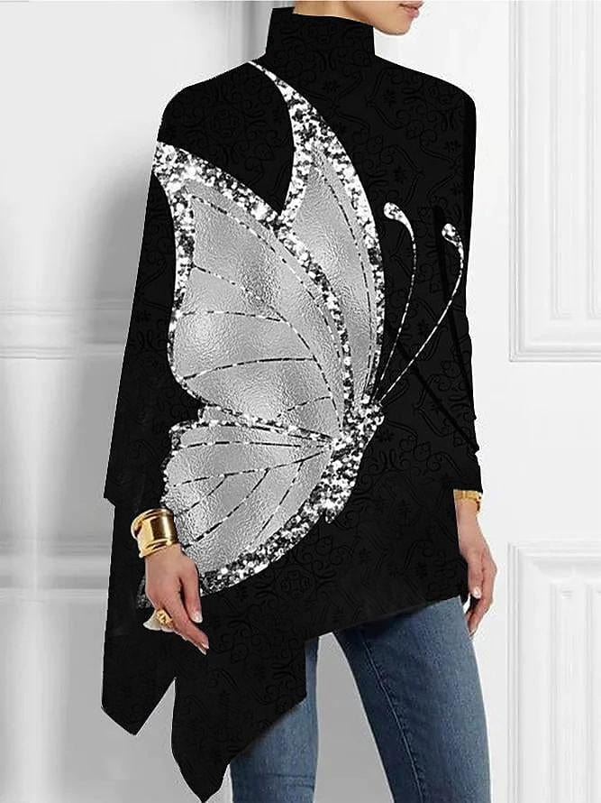 Butterfly Star Print Plus Size Women's Turtleneck Blouse