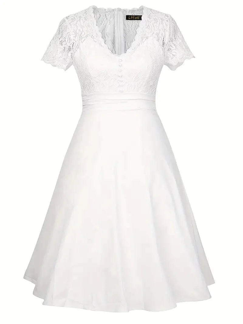 Button Front Lace V-neck Bridal Gown with Short Sleeves