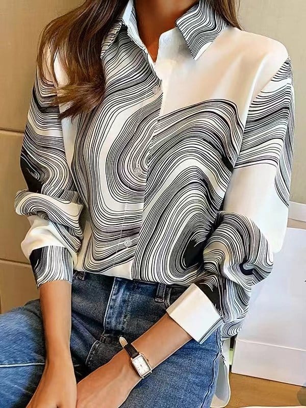 Button Long Sleeves Lapel Printed Blouse