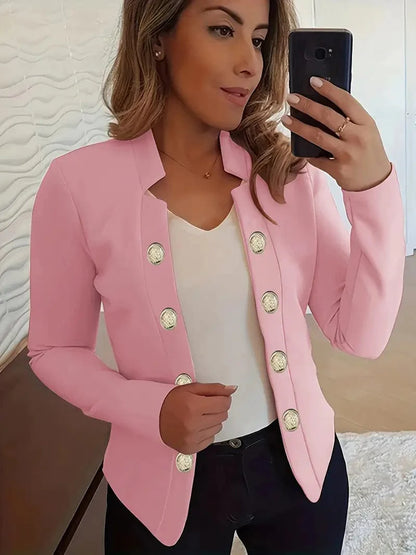 Button-Up Casual Blazer in Solid Color, Stylish Long Sleeve Women's Outerwear