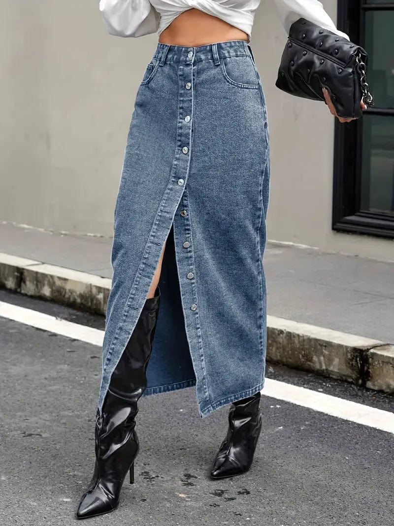 Button-Up Denim Midi Skirt with Slant Pockets