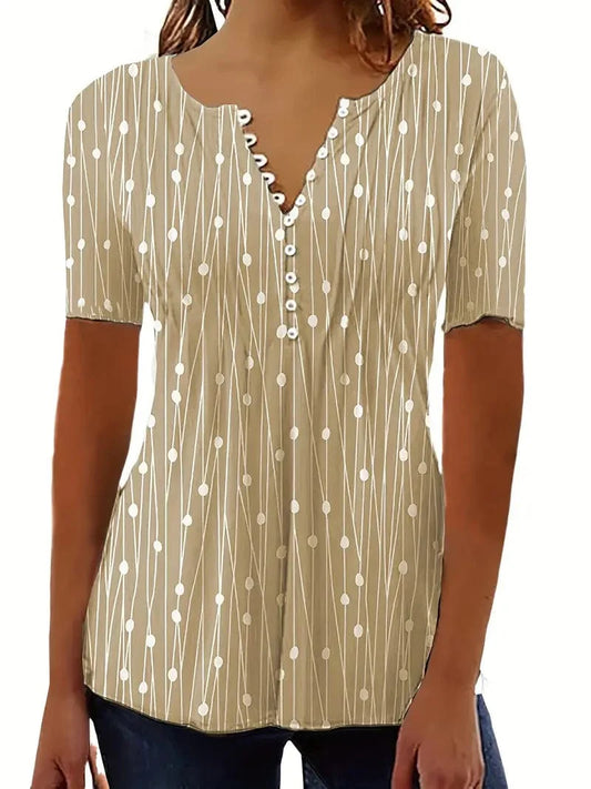 Button-Up Polka Dot T-Shirt, V-Neck Short Sleeve Tee, Top for Everyday Wear, Women's Apparel