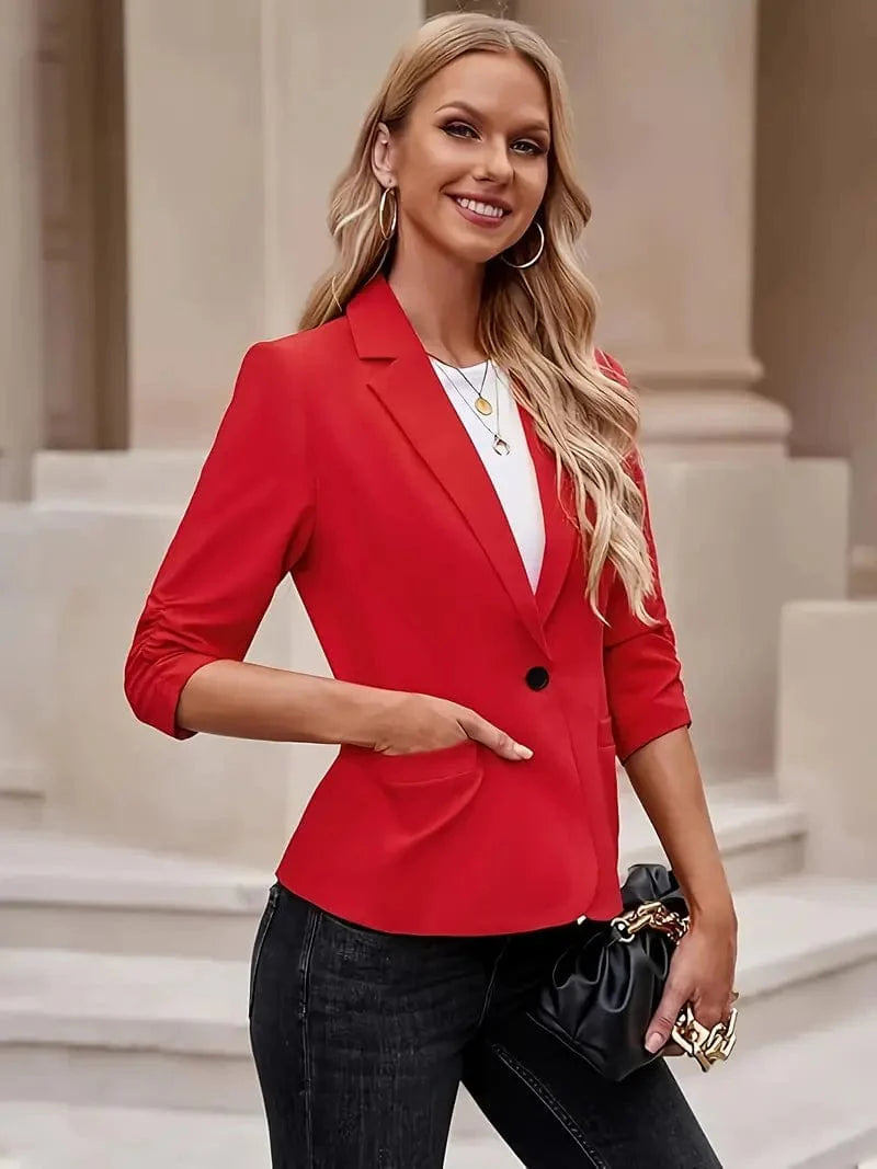 Button Up Solid Blazer with 3/4 Sleeves and Lapel Collar