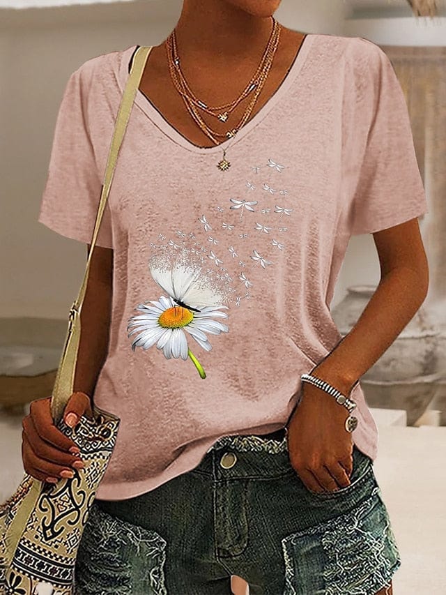 Floral Butterfly Print Women's V-Neck T-Shirt