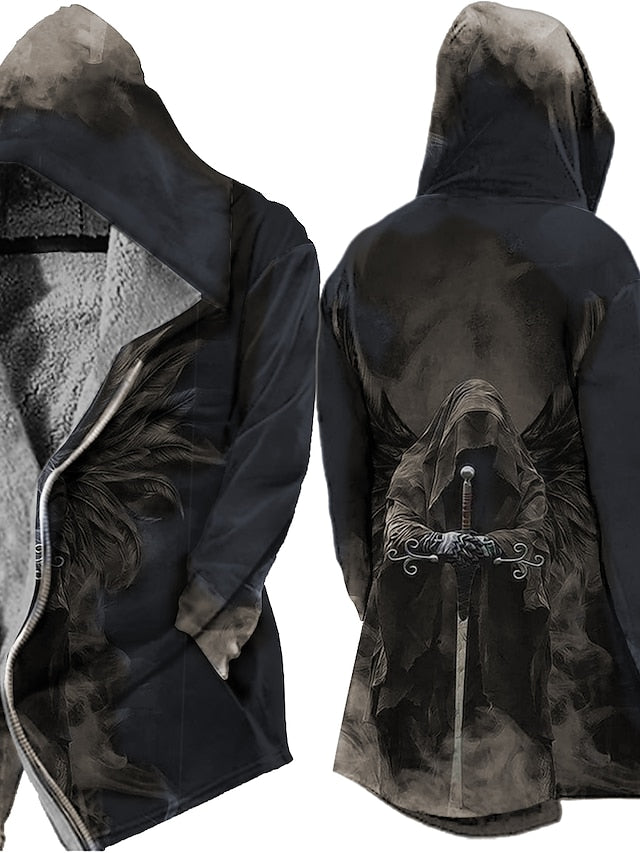 Gothic Purple Grim Reaper Hoodie - Men's Winter Jacket with Fleece Lining and Functional Pockets