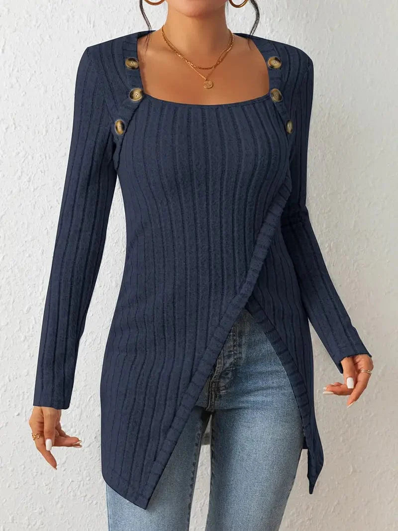 Stylish Ribbed Long Sleeve Top with Asymmetrical Hem & Button Detail for Women