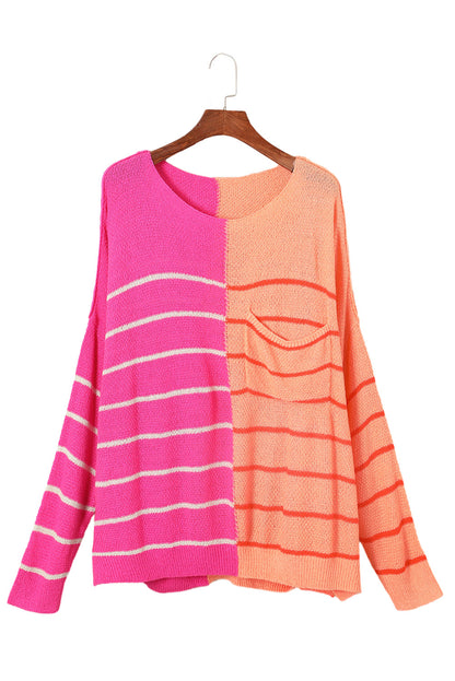 Yellow Striped Patchwork Knit Sweater for Plus Size Women