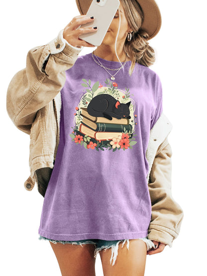 Books Print T-shirt, Short Sleeve Crew Neck Casual Top For Summer & Spring, Women's Clothing