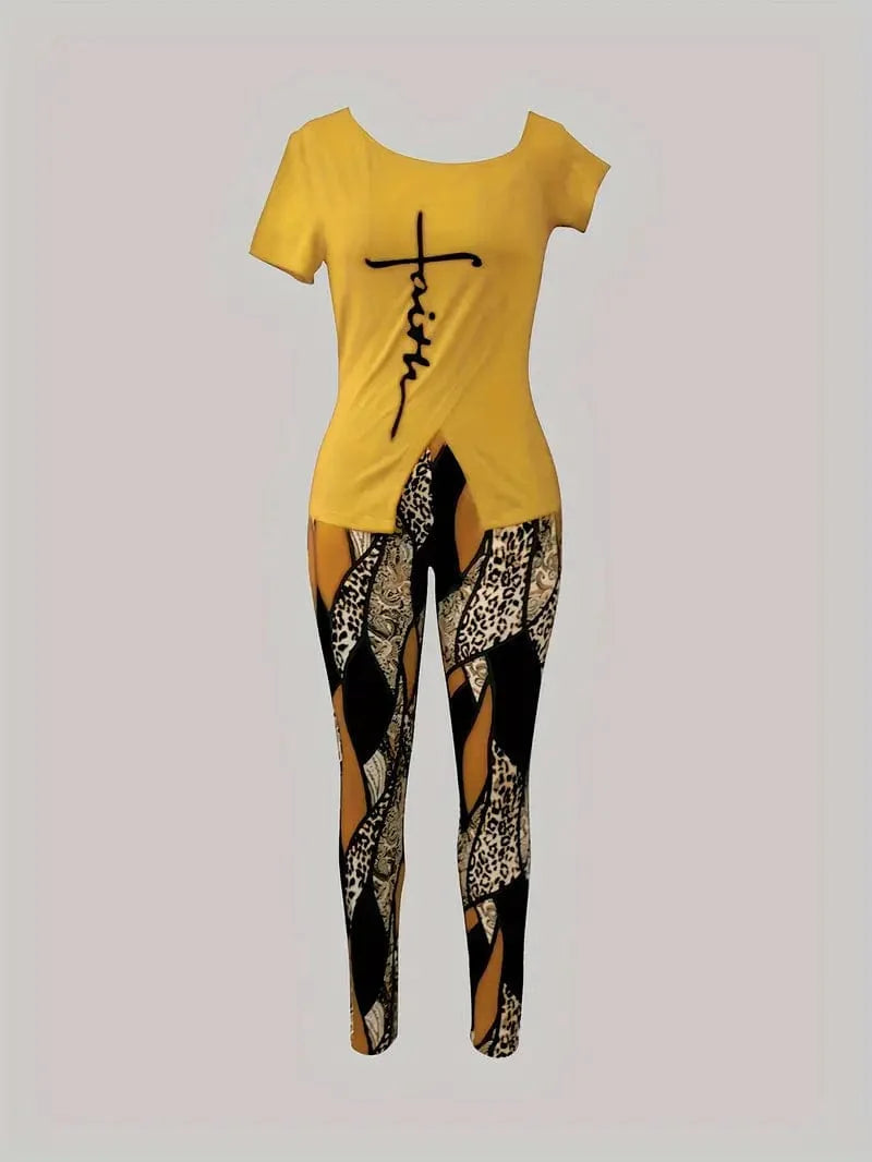 Faith Print Casual Two-piece Set with Geo Print Slim Pants Outfits for Women