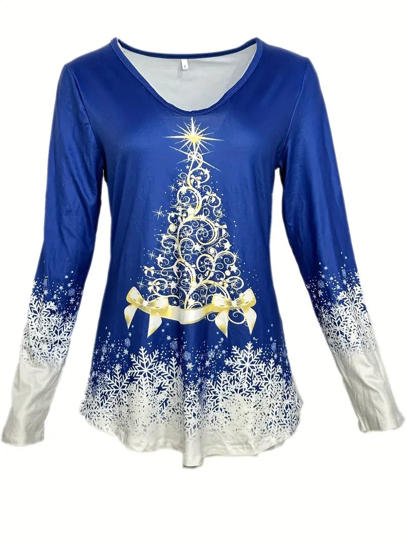 Festive V Neck T-Shirt with Christmas Graphics, Stylish Long Sleeve Top Perfect for Spring & Fall, Women's Wardrobe Addition