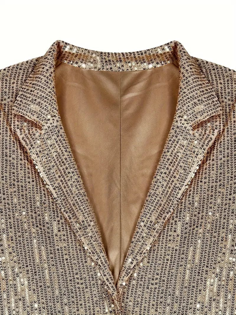 Sparkling Sequin Open Front Blazer, Sophisticated Lapel Collar Jacket with Long Sleeves, Women's Apparel