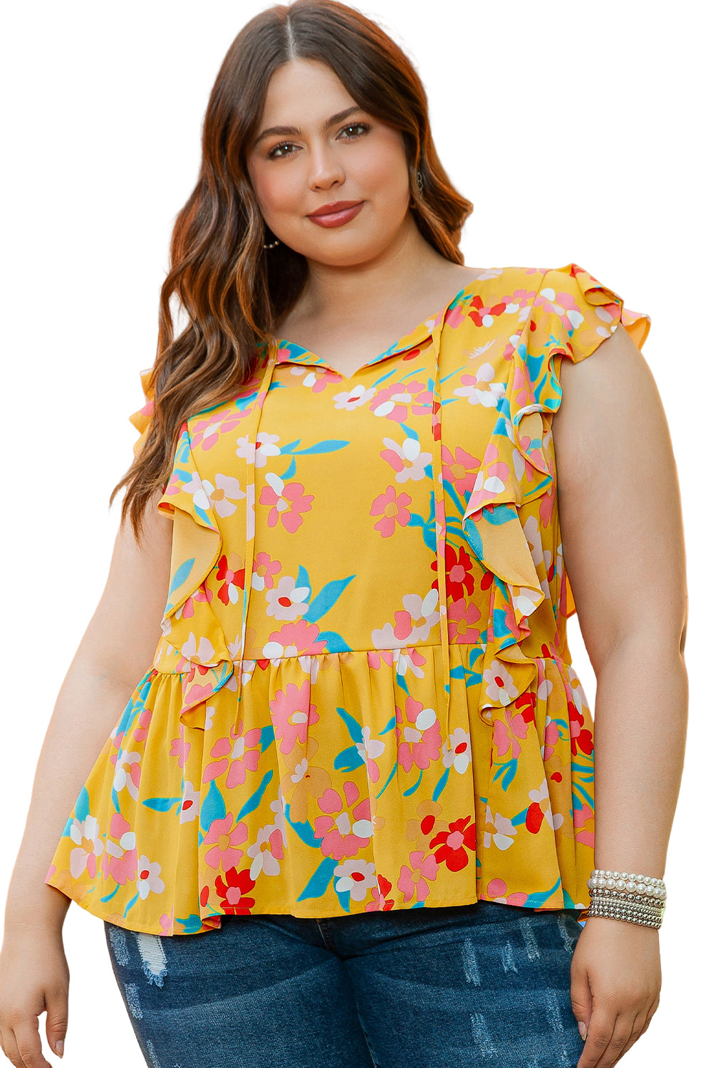 Yellow Plus Size Ruffle Trim Tie Neck Floral Peplum Tank Top