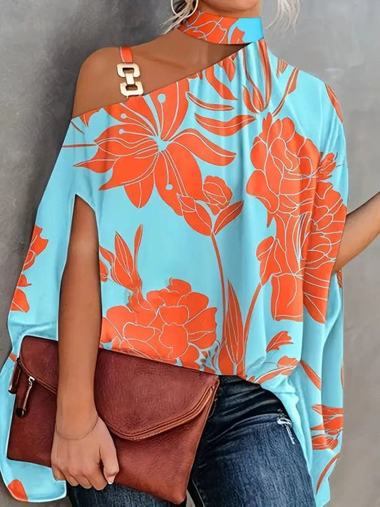 Floral Print Halter Batwing Sleeve Women's Blouse for Summer