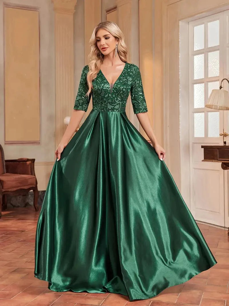 Elegant Sequin V-Neck Bridesmaid Gown for Wedding Party