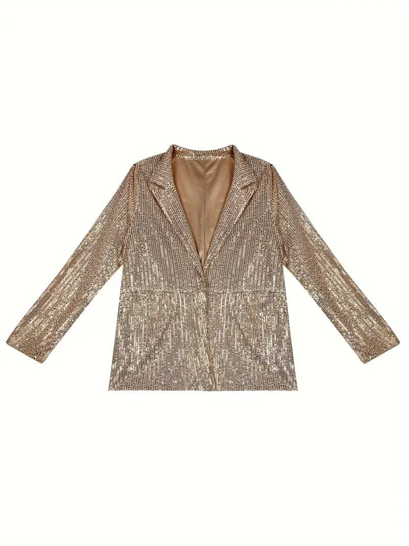 Sparkling Sequin Open Front Blazer, Sophisticated Lapel Collar Jacket with Long Sleeves, Women's Apparel