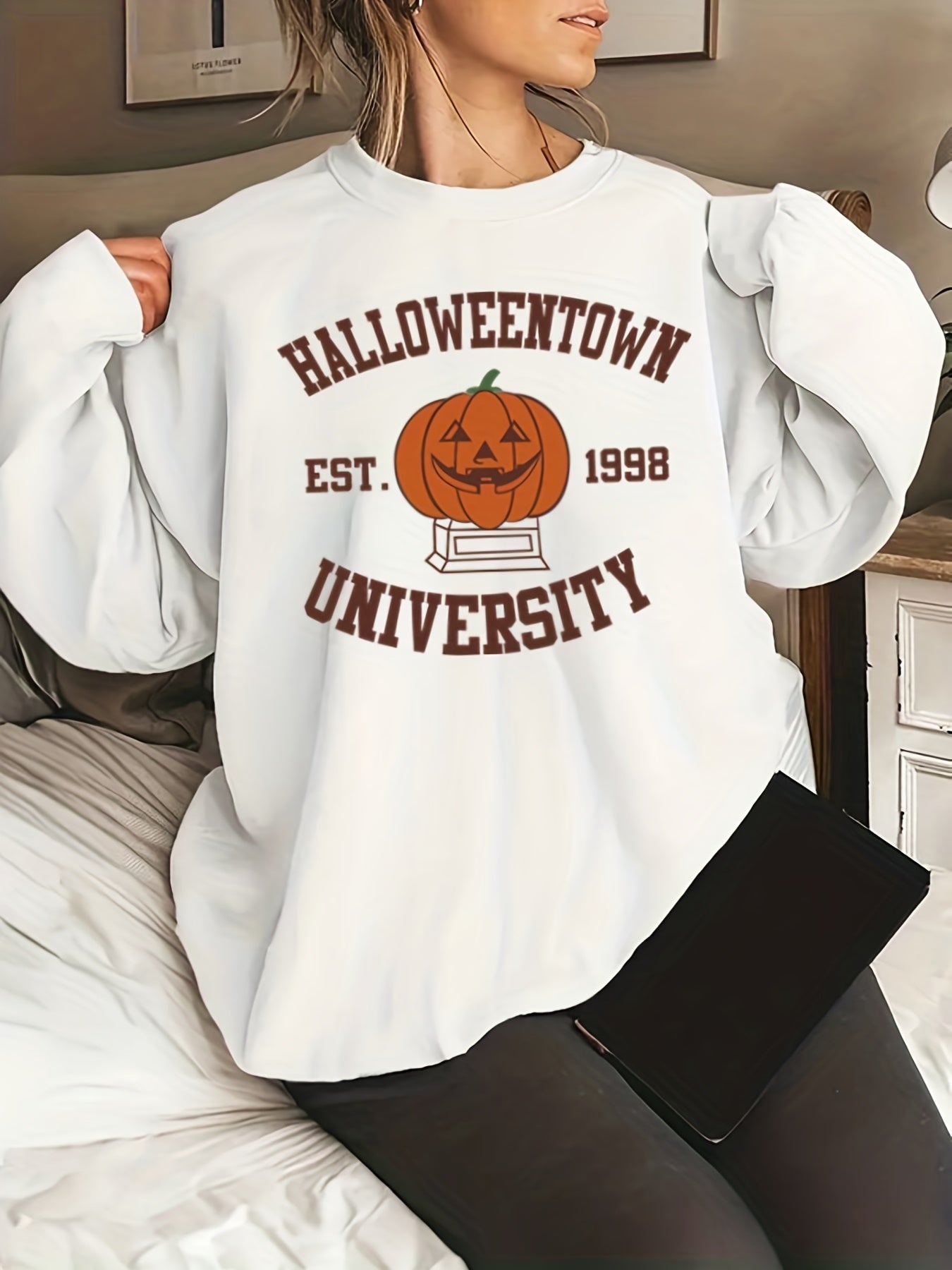 Cartoon Pumpkin Plus Size Halloween Sweatshirt with Round Neck