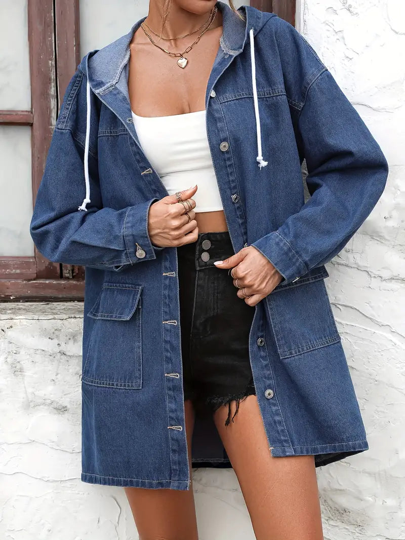 Hooded Denim Coat with Flap Pockets and Long Sleeves