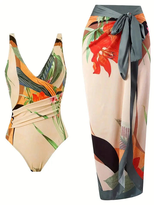 Floral V Neck Vintage Swimsuit Set with Patchwork Backless One-piece & Cover Up Skirt
