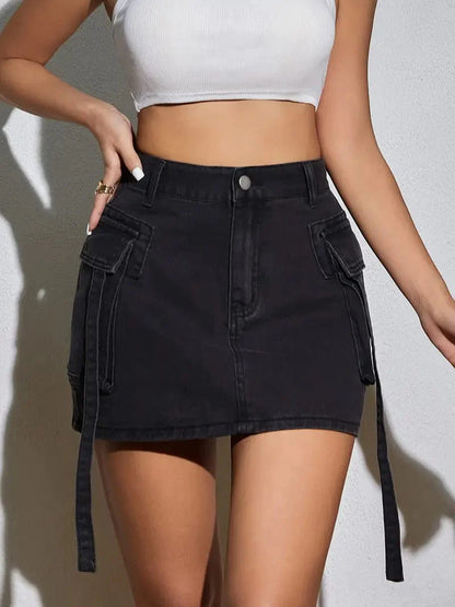 Cargo Denim Skirt with Flap Pockets, Urban Denim Skirt with Y2K and Kpop Vibes, Women's Denim Apparel