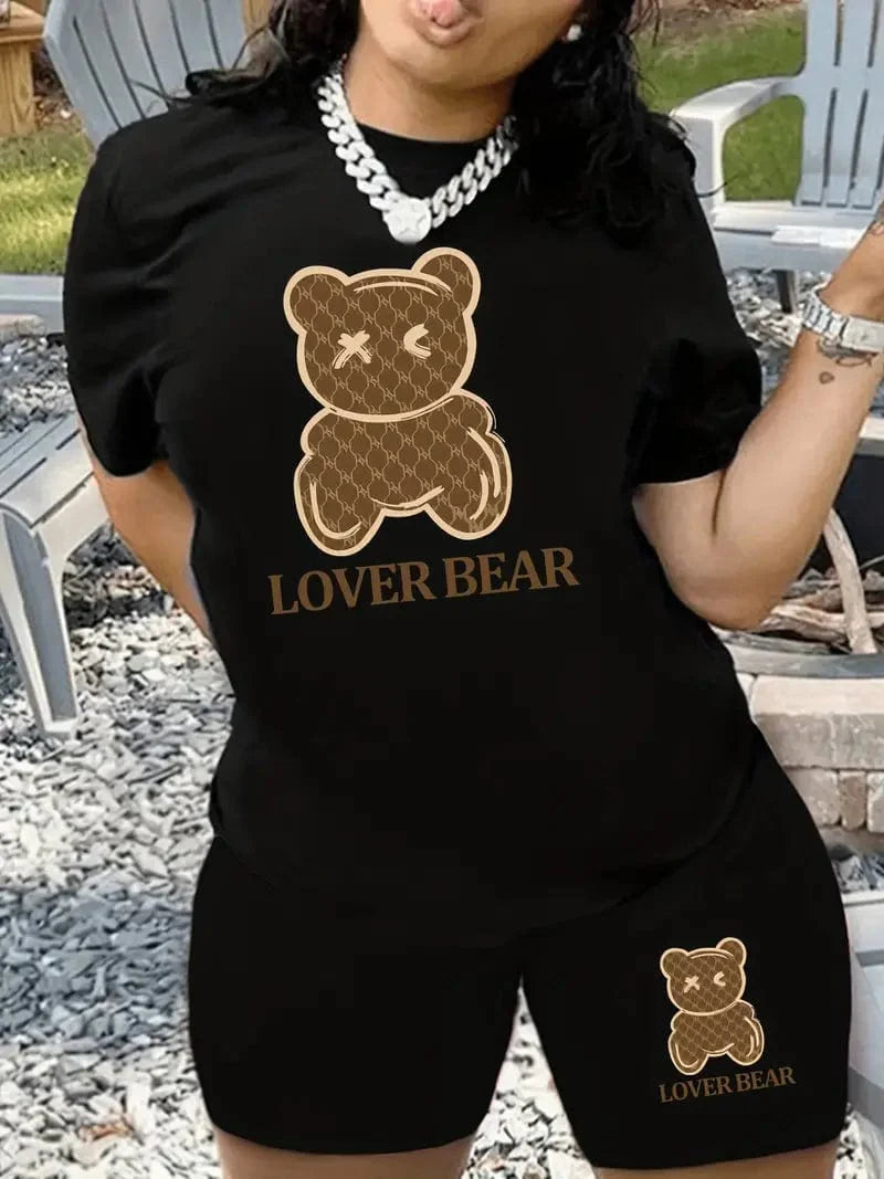 Casual Cartoon Bear Print Two-piece Set with Crew Neck T-shirt and Slim Shorts - Women's Outfit