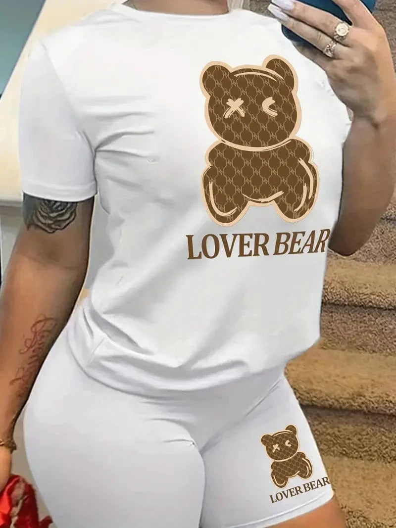 Casual Cartoon Bear Print Two-piece Set with Crew Neck T-shirt and Slim Shorts - Women's Outfit