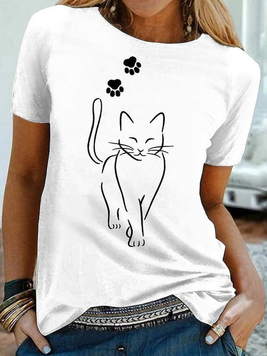 Casual Cat Print Women's 100% Cotton T-shirt in Black, White, and Yellow