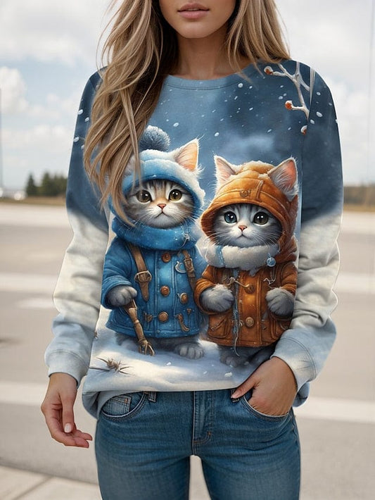 Casual Cat Print Women's Sweatshirt Pullover for Fall & Winter