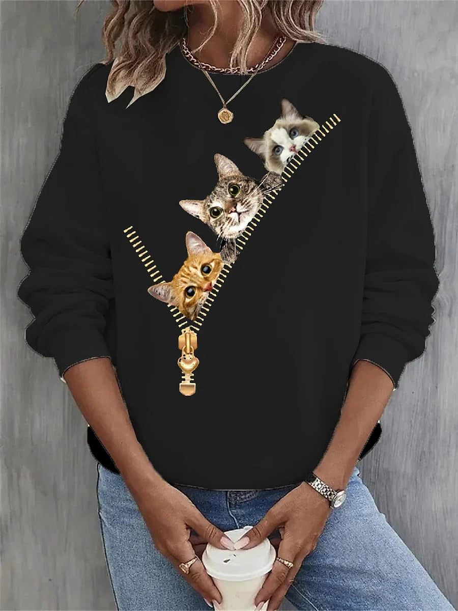 Casual Cat Print Women's Sweatshirt with Round Neck - Black, White, and Dark Gray