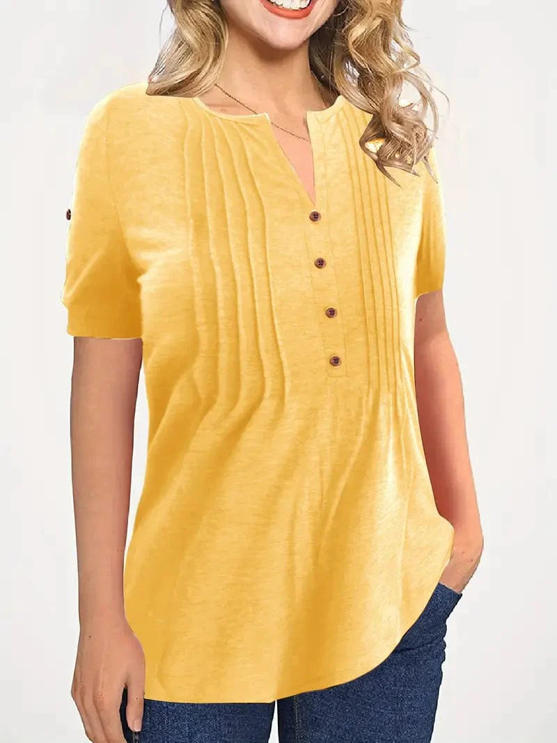 Casual Crew Neck Pleated Button Loose Fit Summer T-shirt for Women