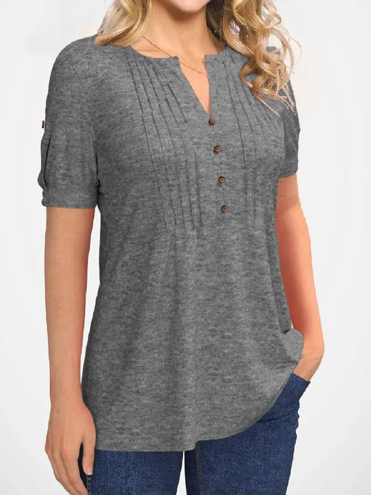 Casual Crew Neck Pleated Button Loose Fit Summer T-shirt for Women