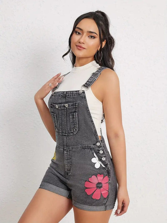 Casual Denim Overalls with Floral Print, Fitted Denim Romper with Rolled Hem, Women's Denim Apparel