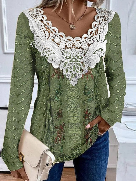 Casual Floral Long Sleeve Shirt Blouse for Women with Lace Patchwork