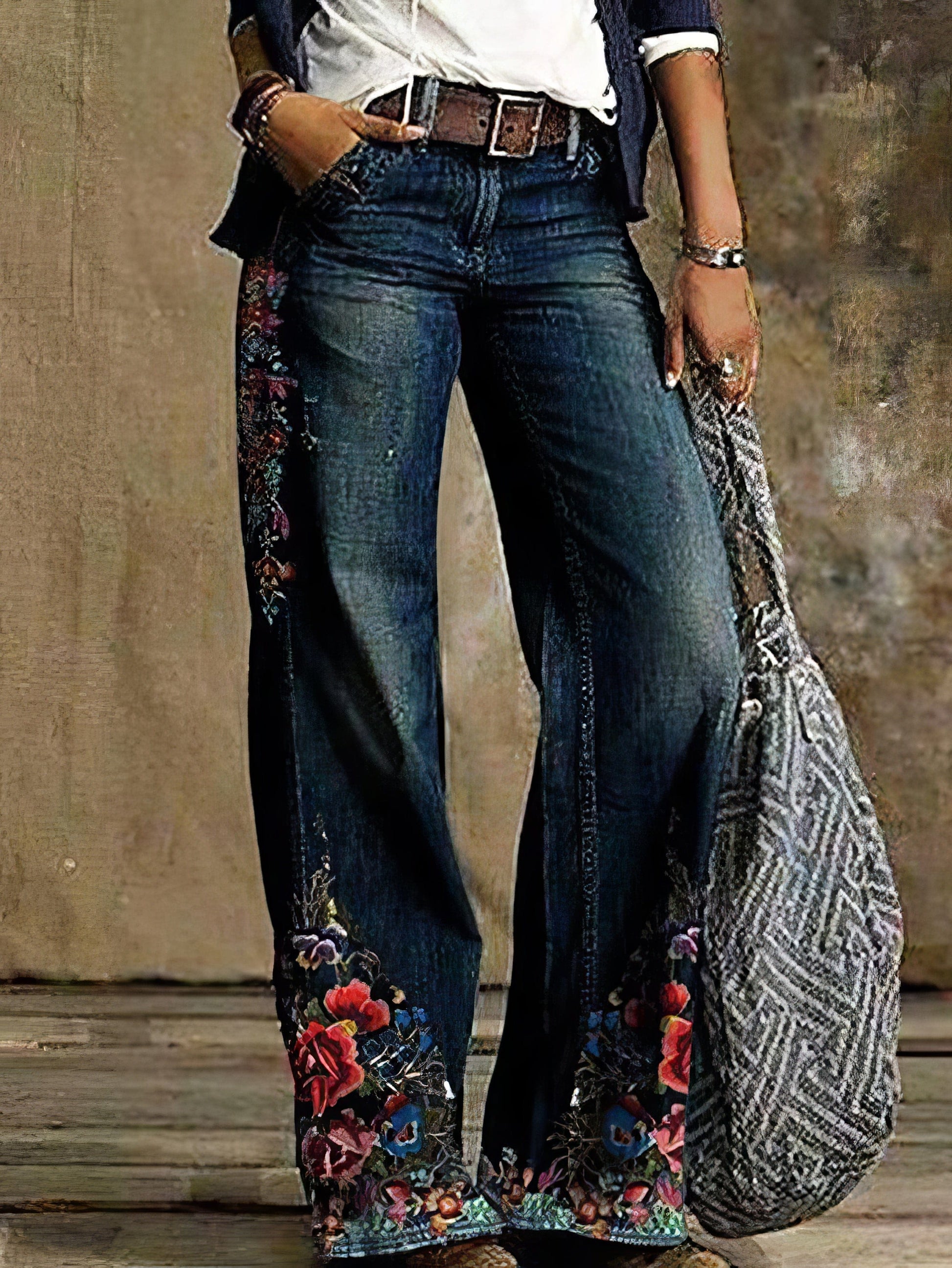 Casual Floral Print Pocket Wide-Leg Jeans