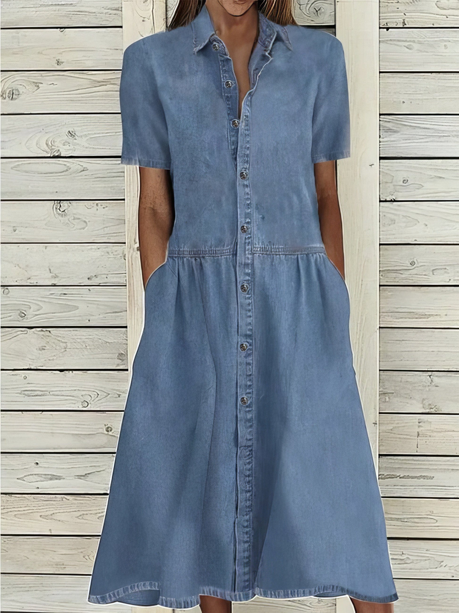 Casual Lapel Button Pocket Denim Dress - V-Neck - Drop Shoulder - A-Line - Closed - Peasant -  Panelet