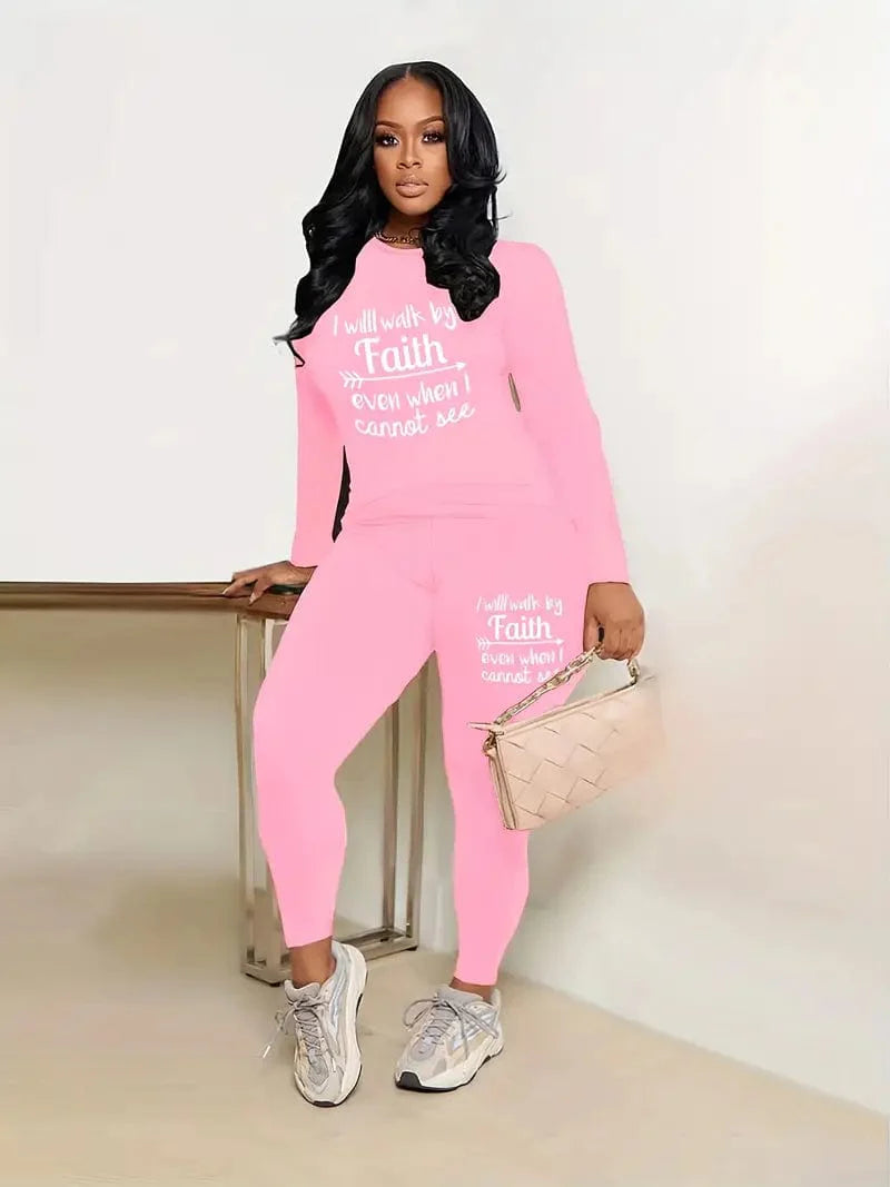 Casual Letter Print Two-Piece Set with Long Sleeve Crew Neck Top and Slim Long Pants - Women's Outfit