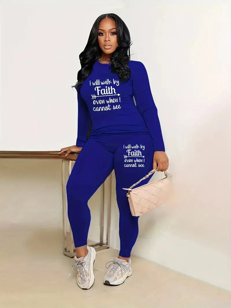 Casual Letter Print Two-Piece Set with Long Sleeve Crew Neck Top and Slim Long Pants - Women's Outfit