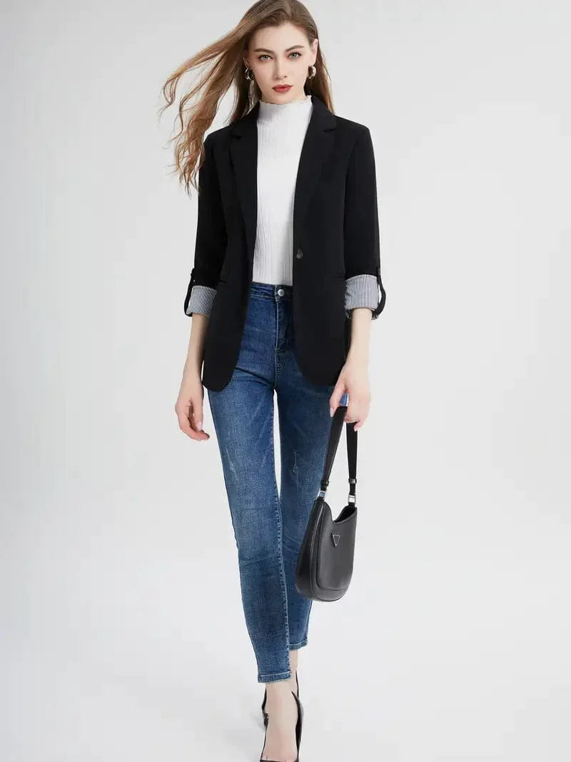 Casual Loose Fit Blazer Jacket with V-neck and Pocket, Women's Outerwear