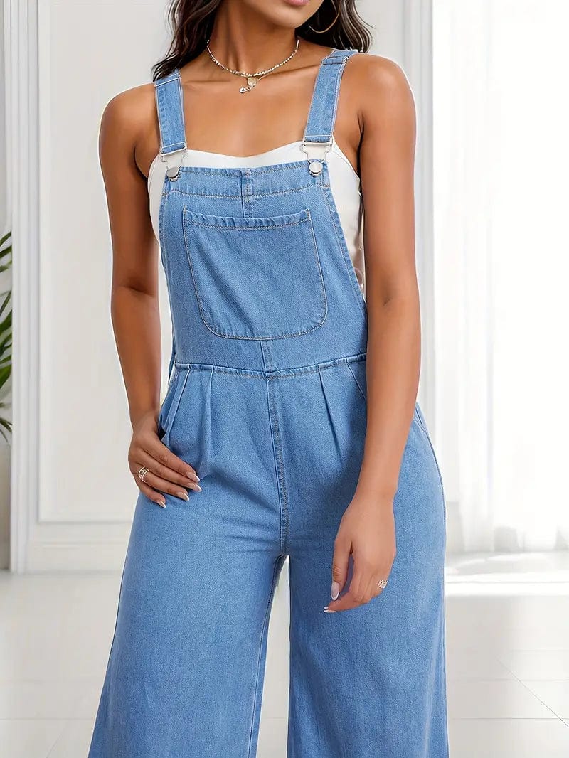 Casual Loose Fit Denim Overalls with Slant Pockets and Wide Legs for Women