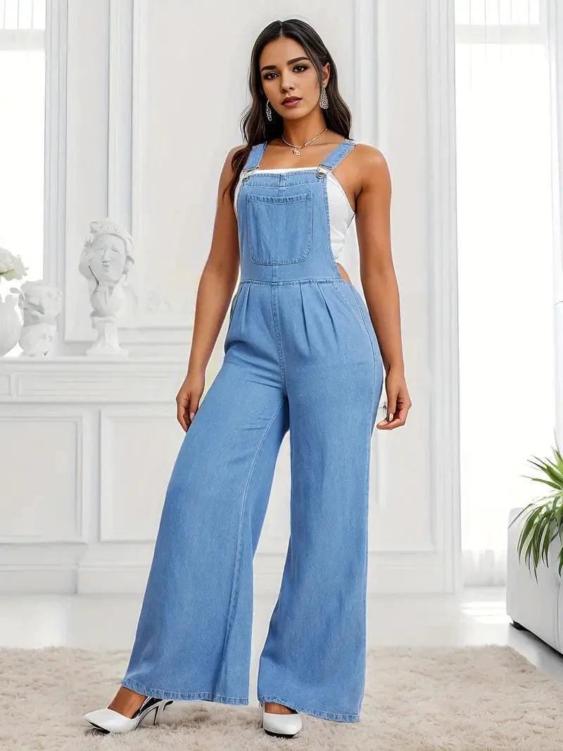 Casual Loose Fit Denim Overalls with Slant Pockets and Wide Legs for Women