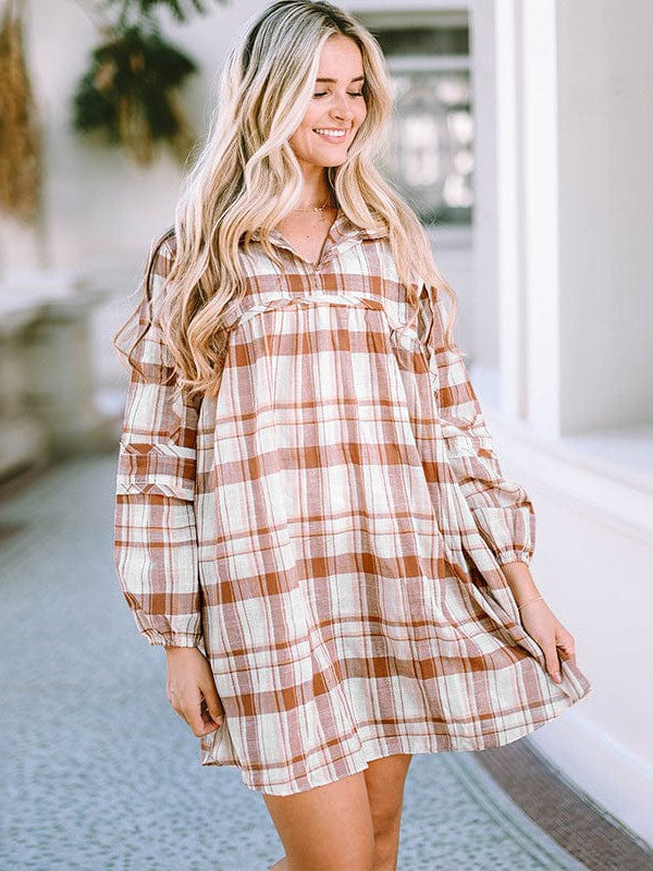 Casual Plaid Shirt Dress with Long Sleeves for Women