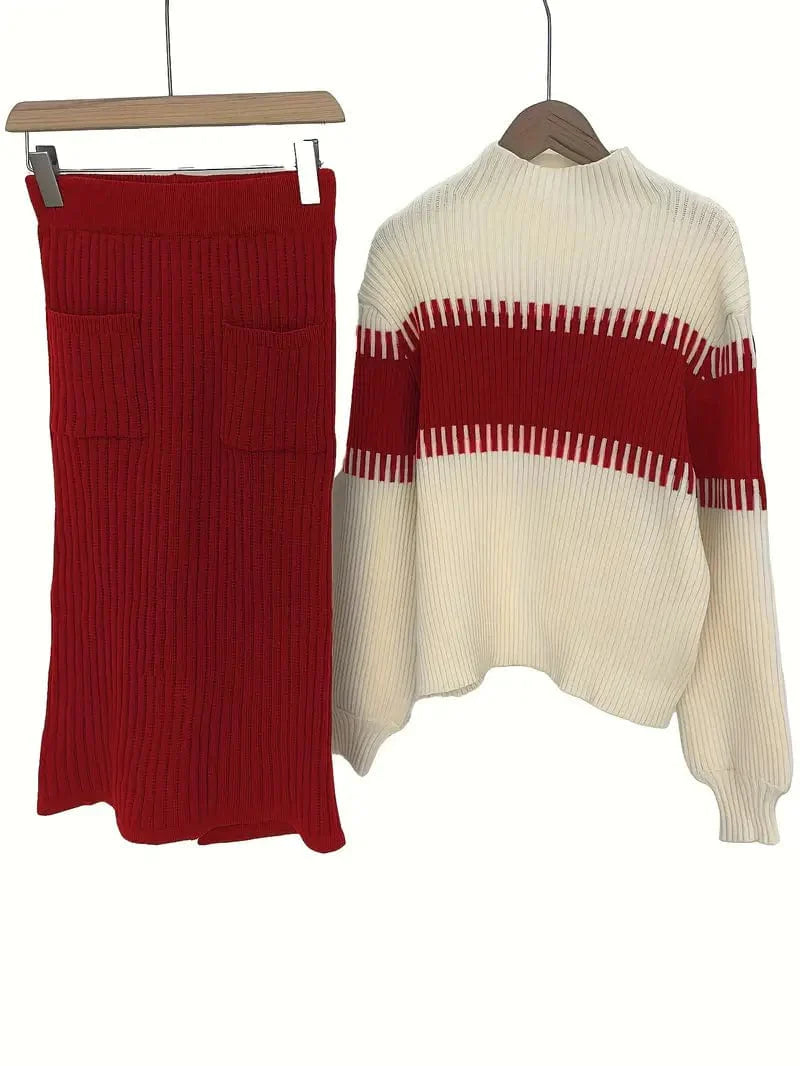 Casual Ribbed Two-piece Set with Color Block Knit Sweater and Solid Midi Skirt - Women's Fashion