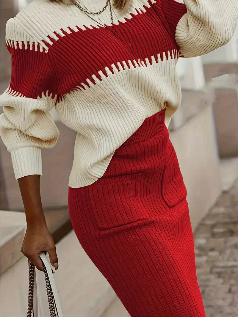Casual Ribbed Two-piece Set with Color Block Knit Sweater and Solid Midi Skirt - Women's Fashion