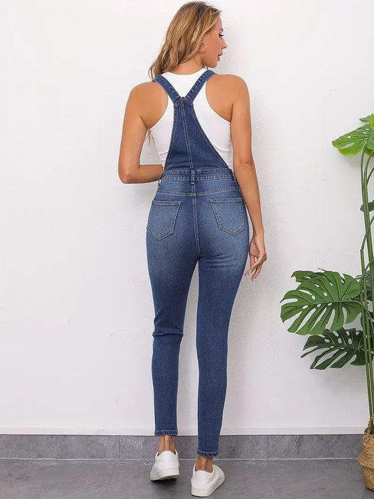 Casual Ripped Denim Jumpsuit with Slim Fit Overalls, Mid-Stretch - Women's Fashion