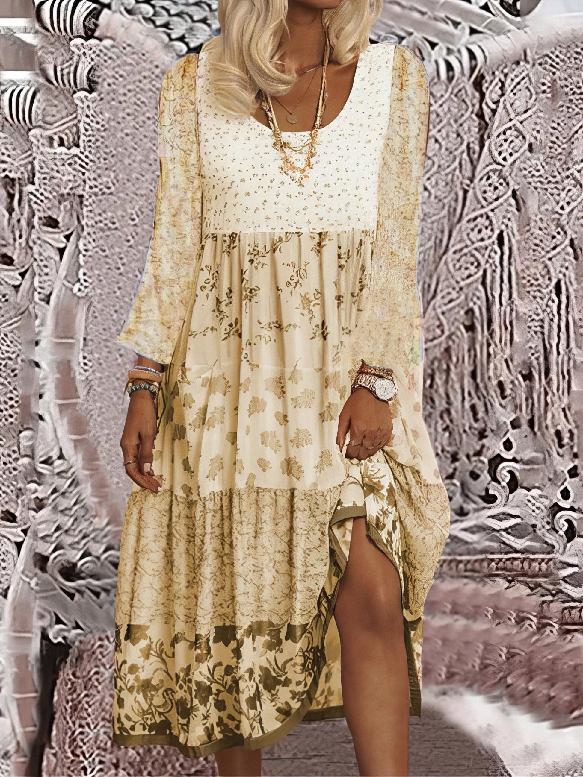 Casual Round Neck Print Long Sleeve Dress