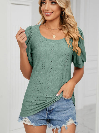 Casual Round Neck Solid Color Hollow Loose T-Shirt